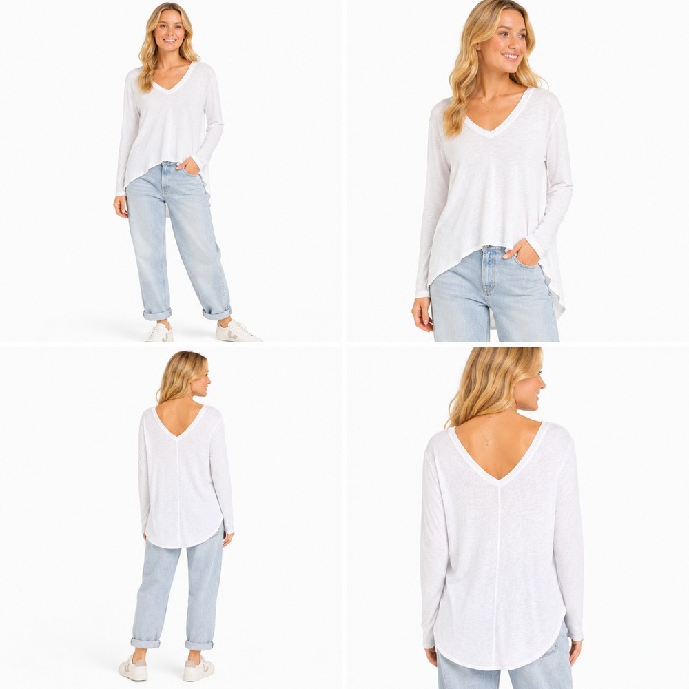 Wilt‎ Womens XS White Cotton Long Sleeve Tee Back V-Neck Lagenlook Anthro Boho